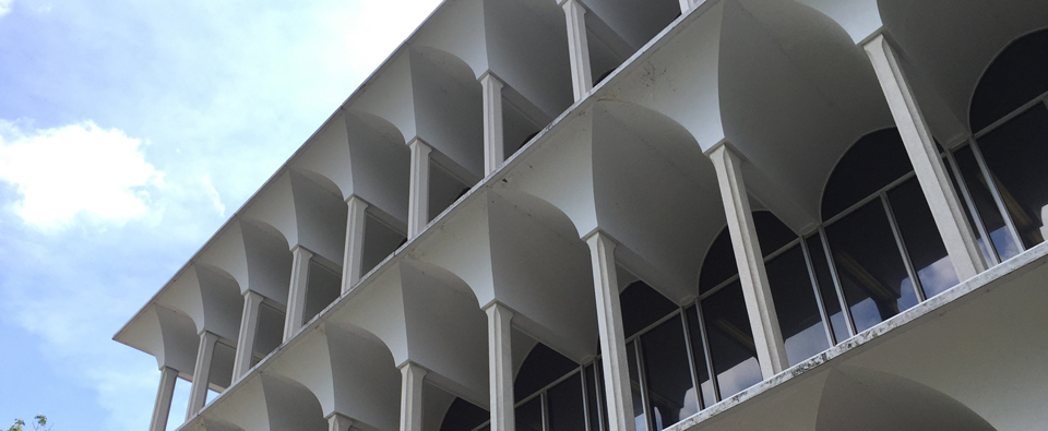 The white, aquaduct-like facade of Irwin Library at Bulter University
