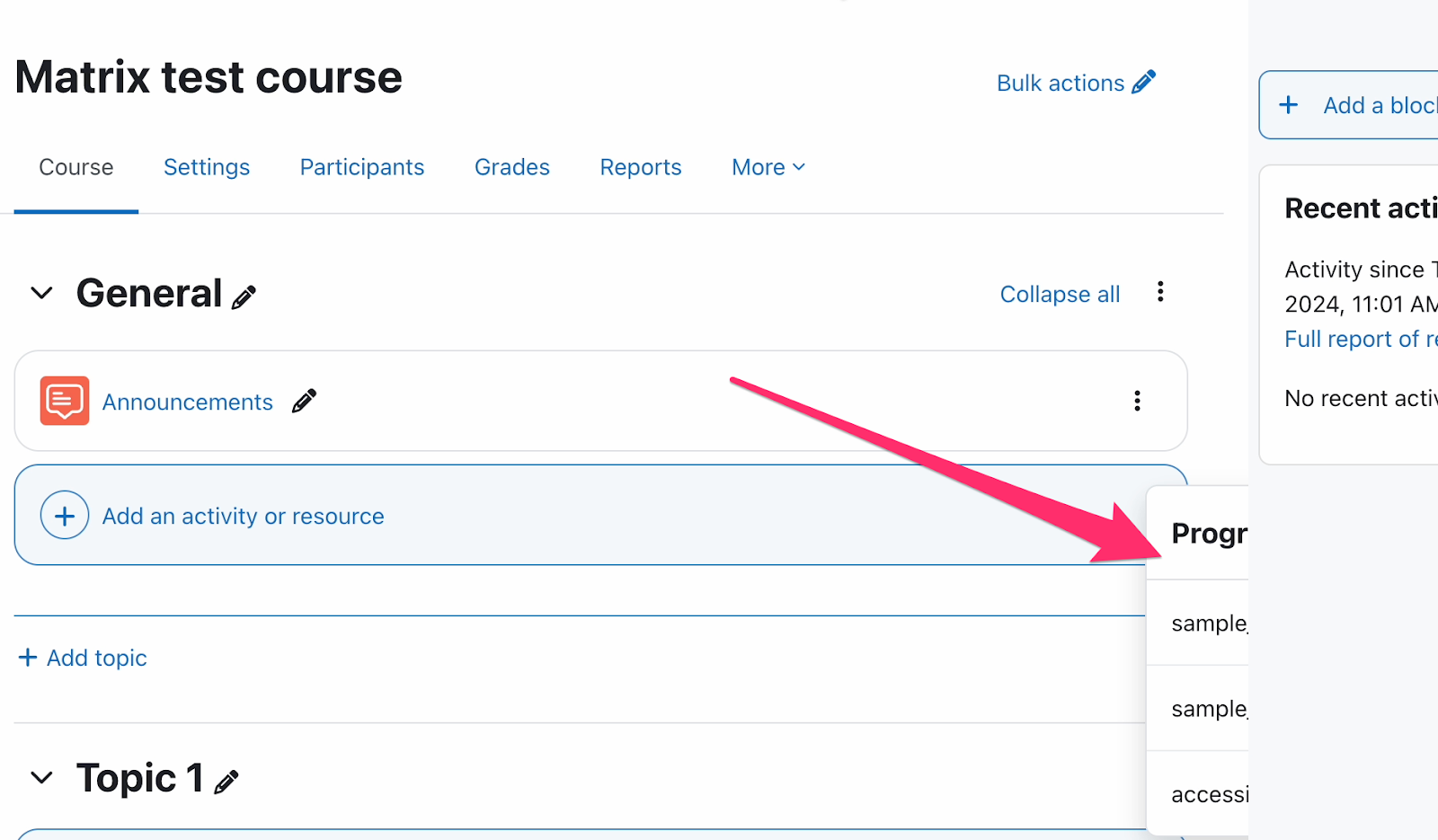 The Moodle block drawer clips the upload progress