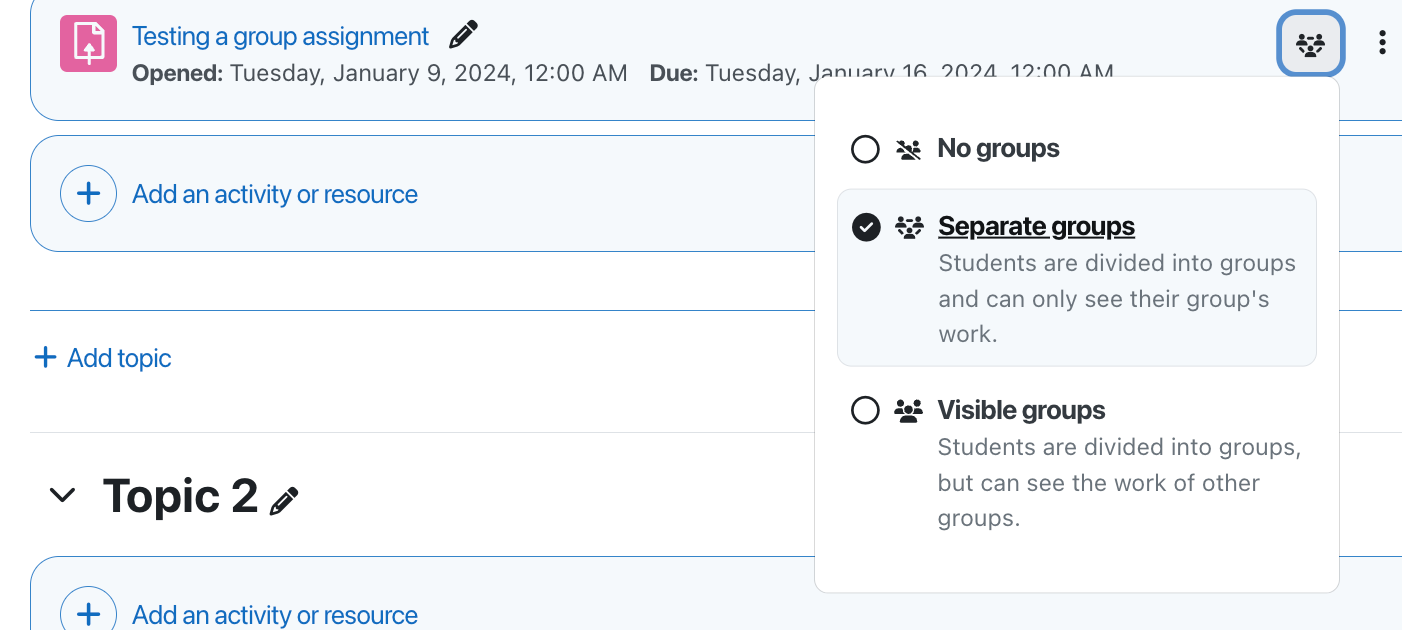 Menu selector showing groups