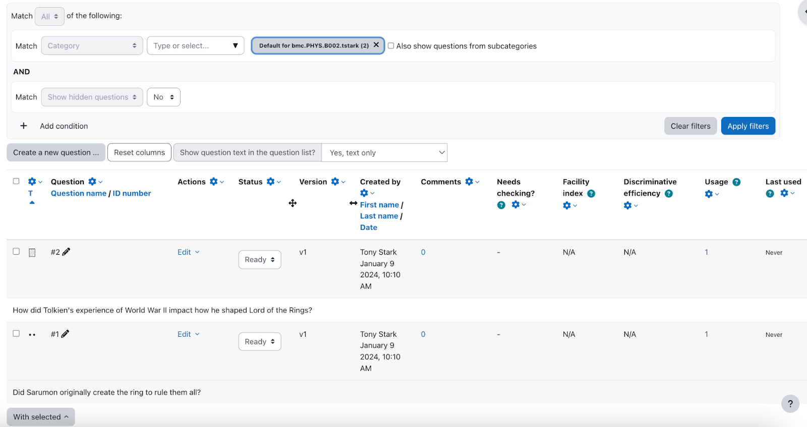 Moodle question bank interface with active filters