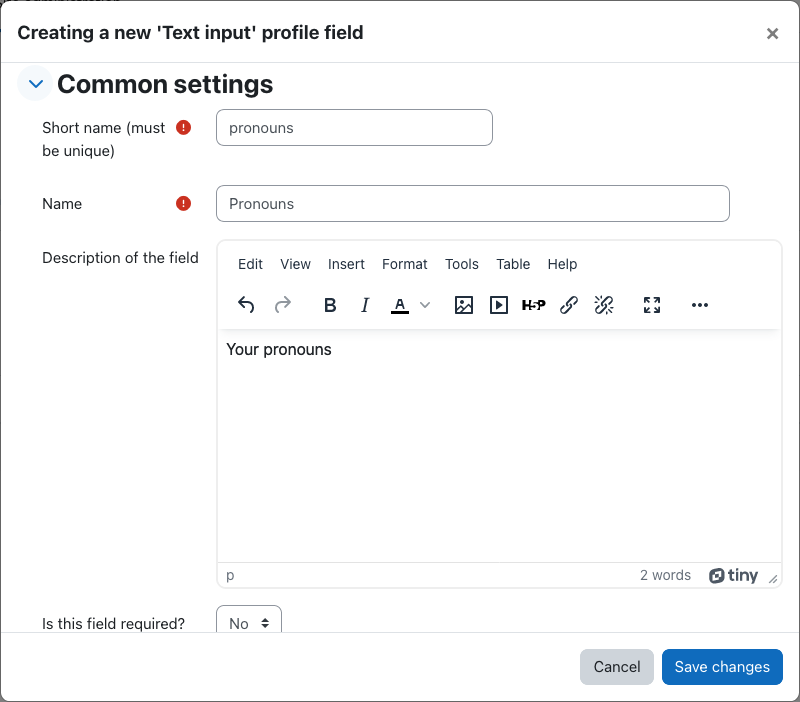 Form with fields for short name, name, and description.
