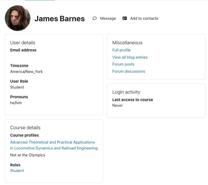 A user profile in Moodle showing various fields, including pronouns.