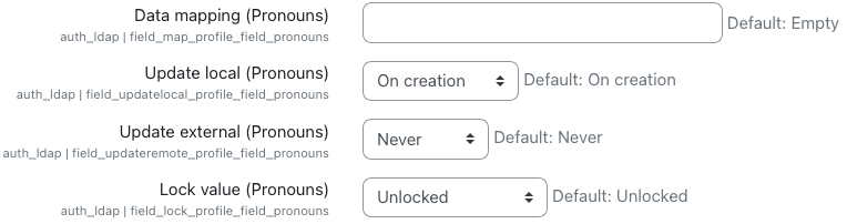 Form showing the pronoun field with options to sync on login