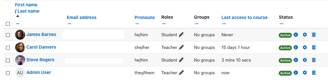 List of users in a Moodle course including identity data