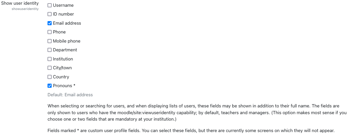 Check boxes showing fields that can be displayed as part of a user's identity.