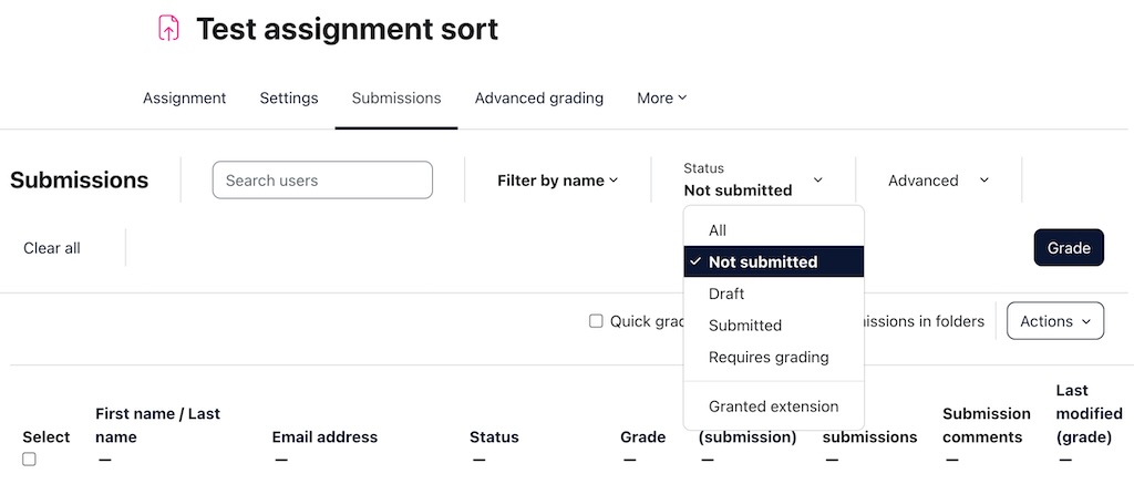 Moodle assignment interface with filters active