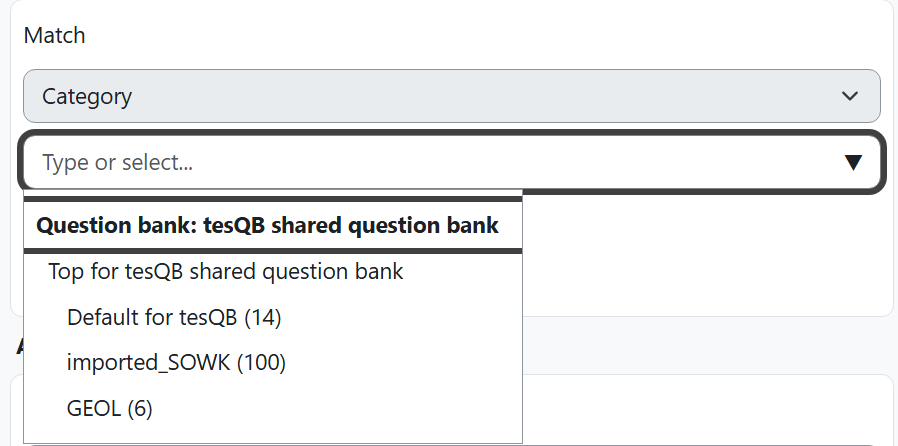 Drop-down selector with list of question categories in a question bank