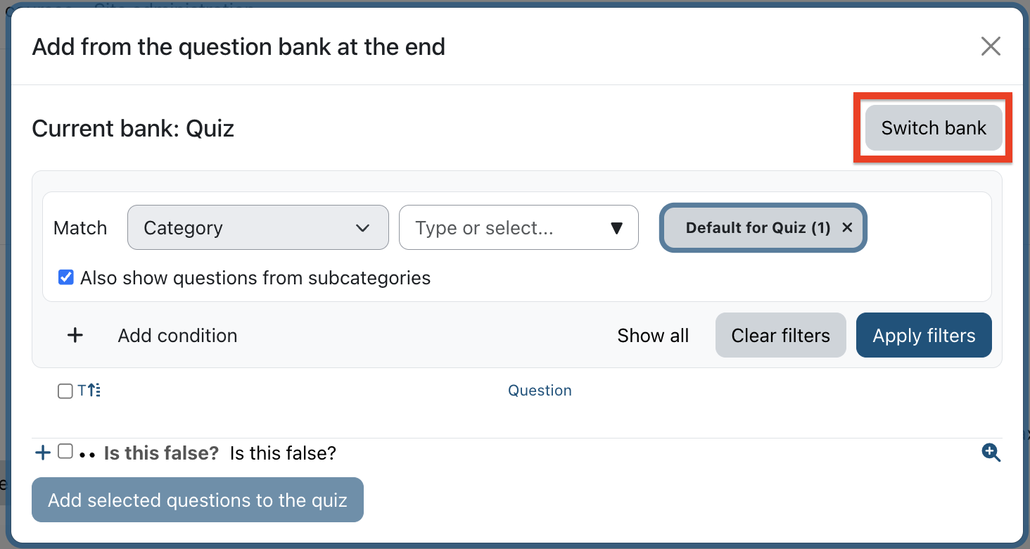 Interface for question bank management. Filters are available for categories. The user may switch to a different bank.