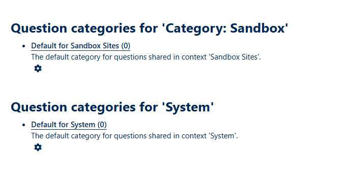 Interface showing separate question categories for the system and category in Moodle 4.5