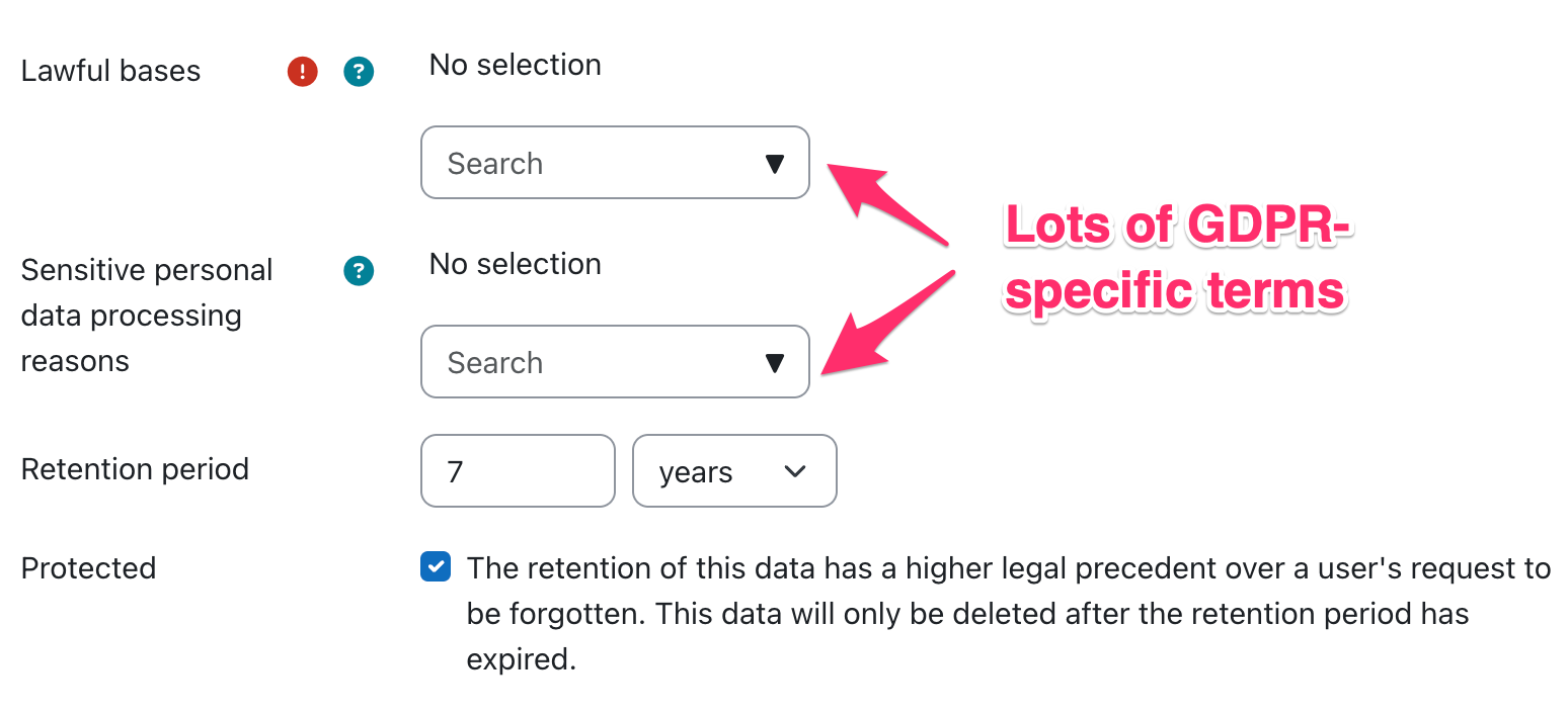 Configuration screen for data registry and data retention