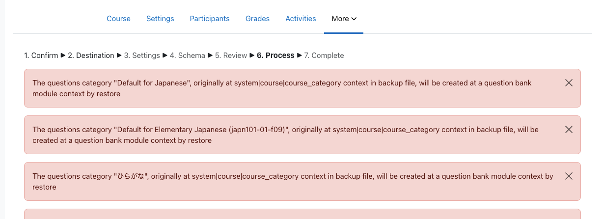Moodle displaying a series of non-fatal errors when importing questions