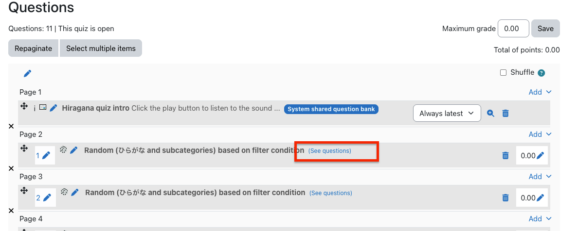 Moodle question bank with list of questions