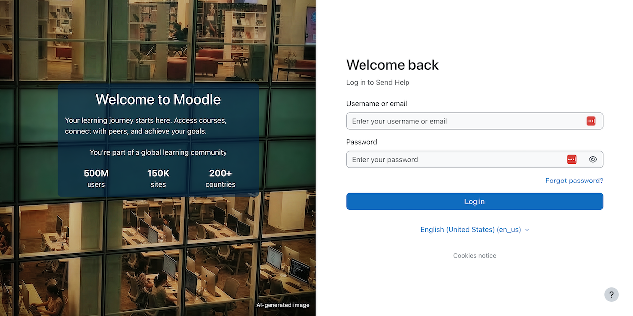 Default login page in Moodle 5.2. Contains an AI-generated image of a college library and a login form.